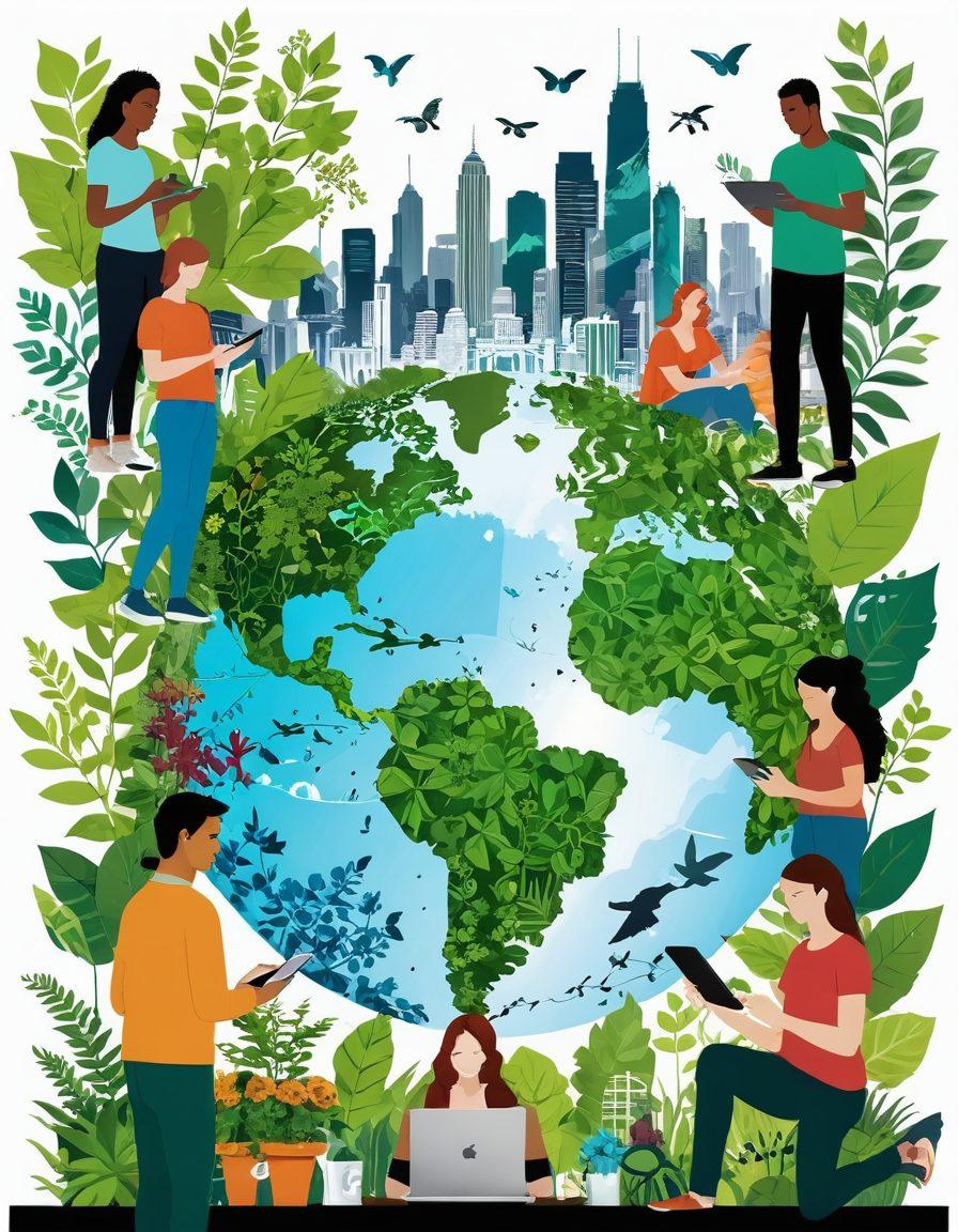 A vibrant collage featuring diverse young individuals engaging with technology, surrounded by elements of nature symbolizing sustainability. Include social media icons transforming into green leaves, and a cityscape in the background showcasing urban gardening and eco-friendly practices. Highlight the contrast between digital and natural worlds. vector art. vibrant colors. white background.