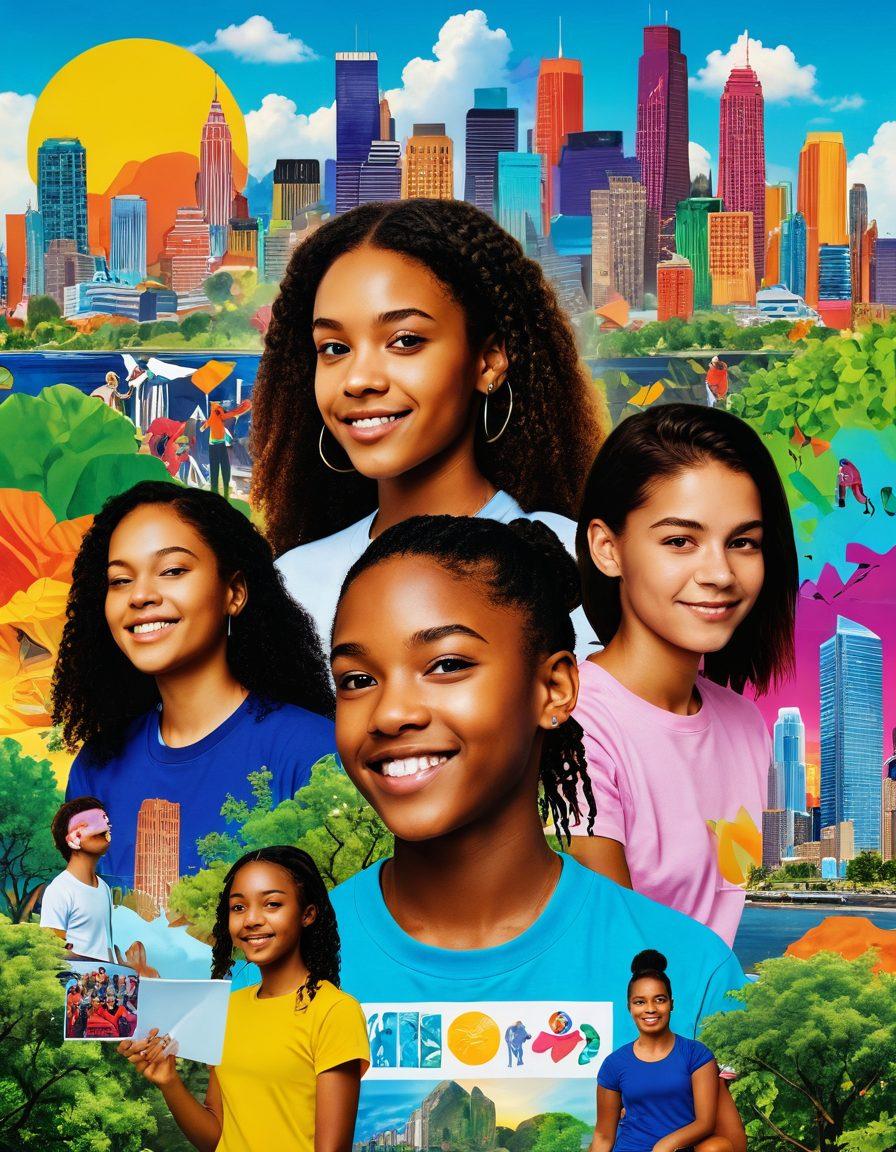 A vibrant collage showcasing diverse teenagers engaged in various empowering activities such as art, sports, technology, and social activism. Incorporate symbols of sustainability and mental health awareness, with bright, energetic colors to radiate positivity. The background features a modern cityscape blended with nature, symbolizing growth and change. super-realistic. vibrant colors. dynamic composition.