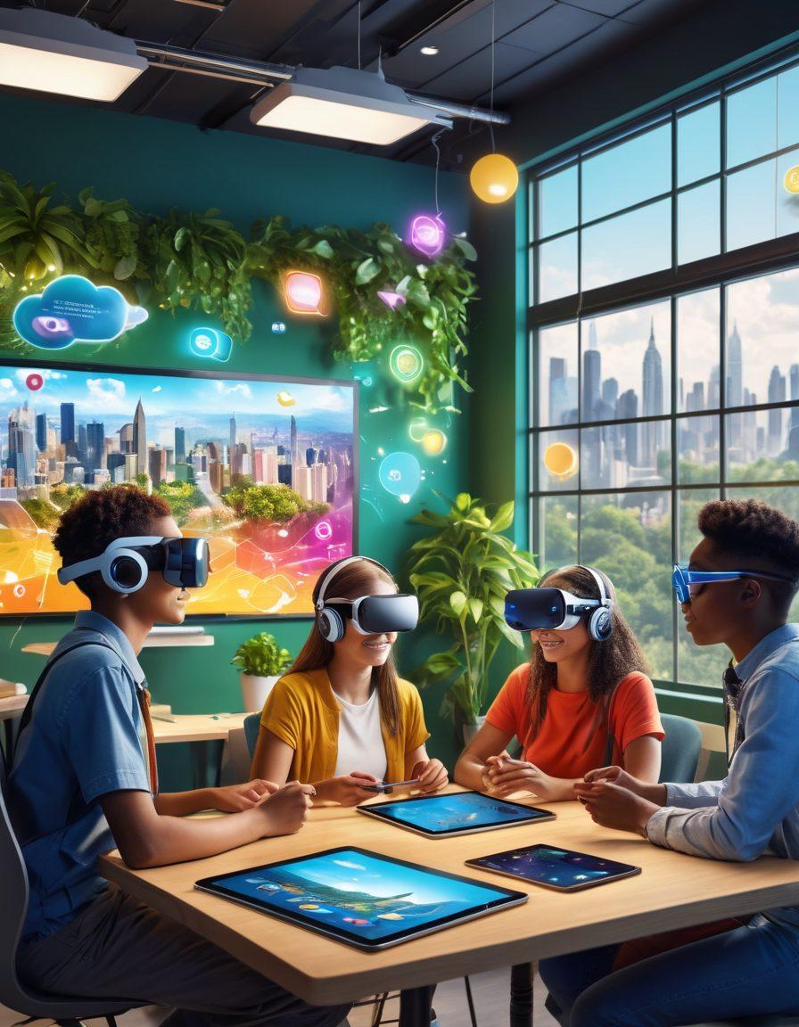 A vibrant, futuristic classroom filled with diverse teenagers engaged in various forms of technology, showcasing tablets, VR headsets, and collaborative digital projects. The background should depict a cityscape with greenery, symbolizing the blend of nature and technology. Colorful infographics and speech bubbles expressing ideas float around them, emphasizing communication and creativity. Bright lighting to evoke a sense of enthusiasm and innovation. super-realistic. vibrant colors. 3D.